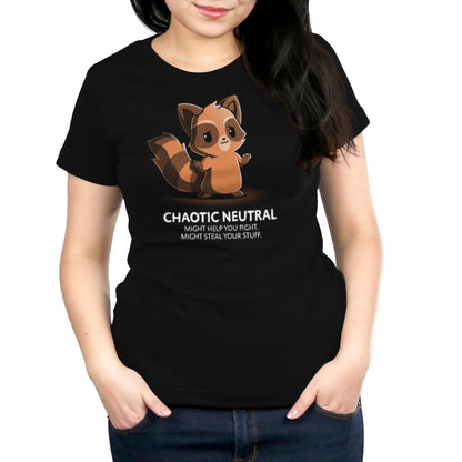 Premium Cotton T-shirt_TeeTurtle chaotic-neutral black t-shirt featuring an illustration of a raccoon with a caption "Chaotic Neutral. Might help you fight. Might steal your stuff." The raccoon has a smug expression and stands against a dark background Chaotic Neutral