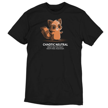 Premium Cotton T-shirt_TeeTurtle chaotic-neutral black t-shirt featuring an illustration of a raccoon with a caption "Chaotic Neutral. Might help you fight. Might steal your stuff." The raccoon has a smug expression and stands against a dark background Chaotic Neutral