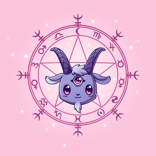 Premium Cotton T-shirt_TeeTurtle Chibi Baphoment pink t-shirt featuring a goat-like creature with three eyes in front of a mystical symbol.