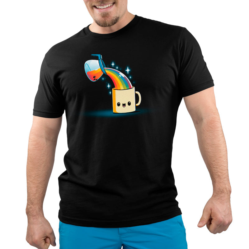 Premium Cotton T-shirt_TeeTurtle black Coffee is Magic. Featuring a coffee pot pouring a rainbow into a coffee cup.