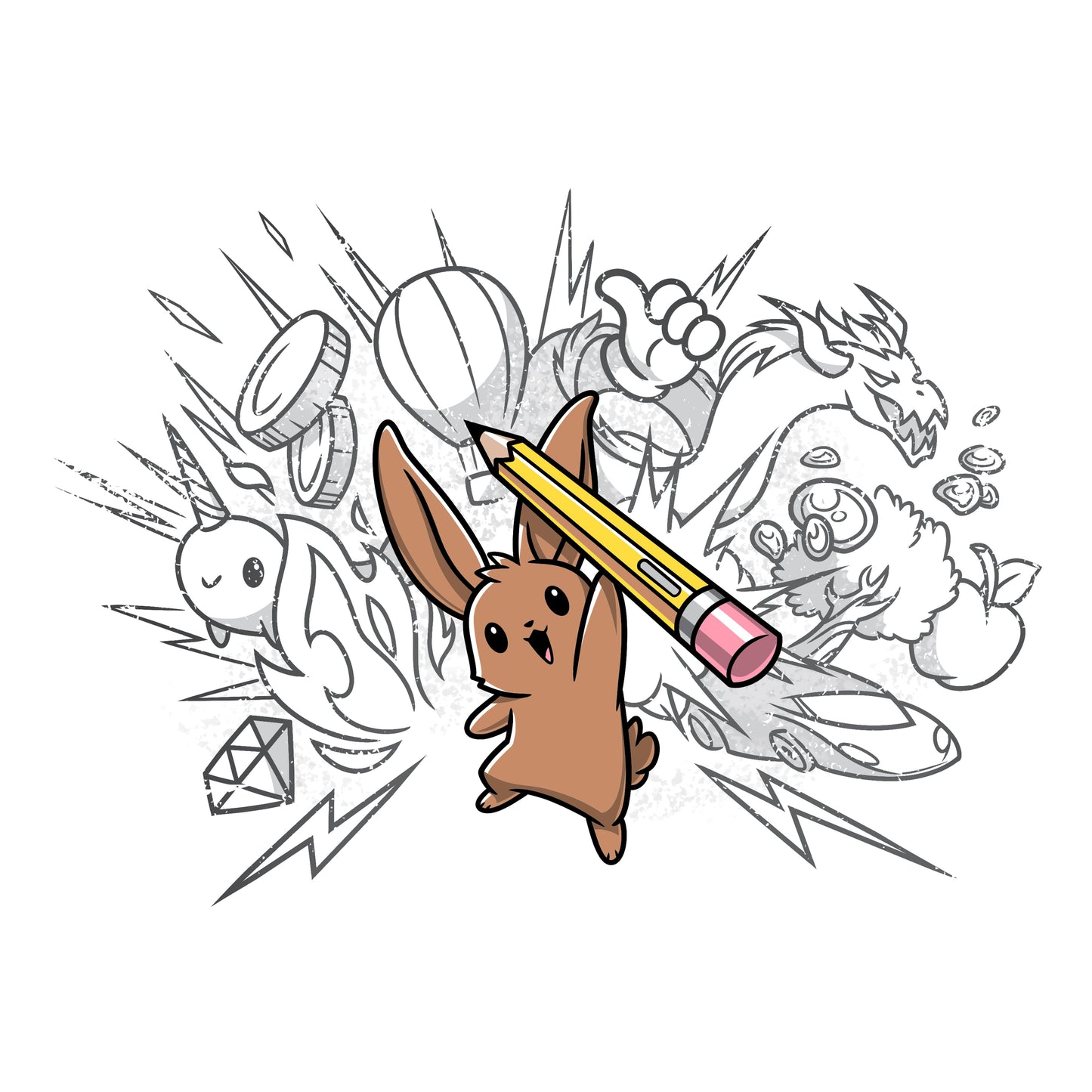 Premium Cotton T-shirt_TeeTurtle white Creative Doodlebunny t-shirt featuring a bunny holding a pencil with doodles in the background.