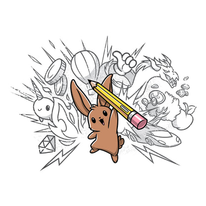 Premium Cotton T-shirt_TeeTurtle white Creative Doodlebunny t-shirt featuring a bunny holding a pencil with doodles in the background.