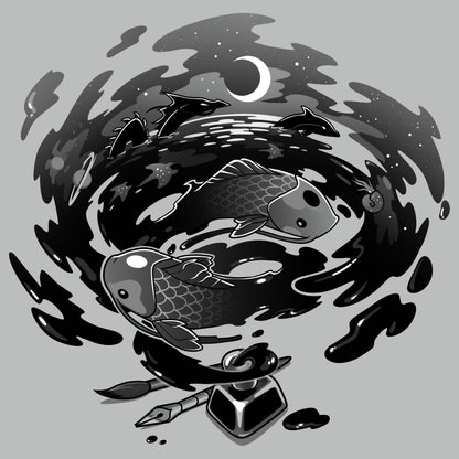 Premium Cotton T-shirt_TeeTurtle Creative Flow silver gray t-shirt featuring a swirling vortex of ink coming from an inkwell, with sea creatures and dragons swimming in it. 
