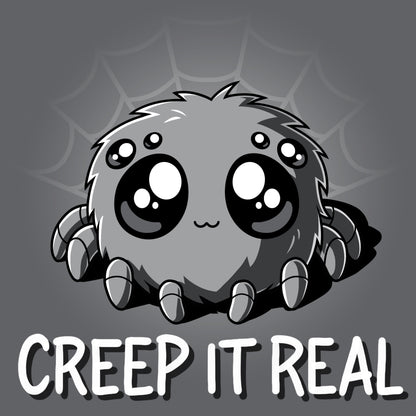 Premium Cotton T-shirt_TeeTurtle charcoal gray Creep It Real. Featuring a spider with large, cute eyes.