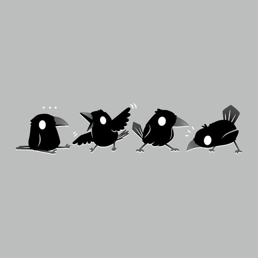 Premium Cotton T-shirt_TeeTurtle Crow Chatter silver gray t-shirt featuring four black crows with white eyes showing different playful poses. 