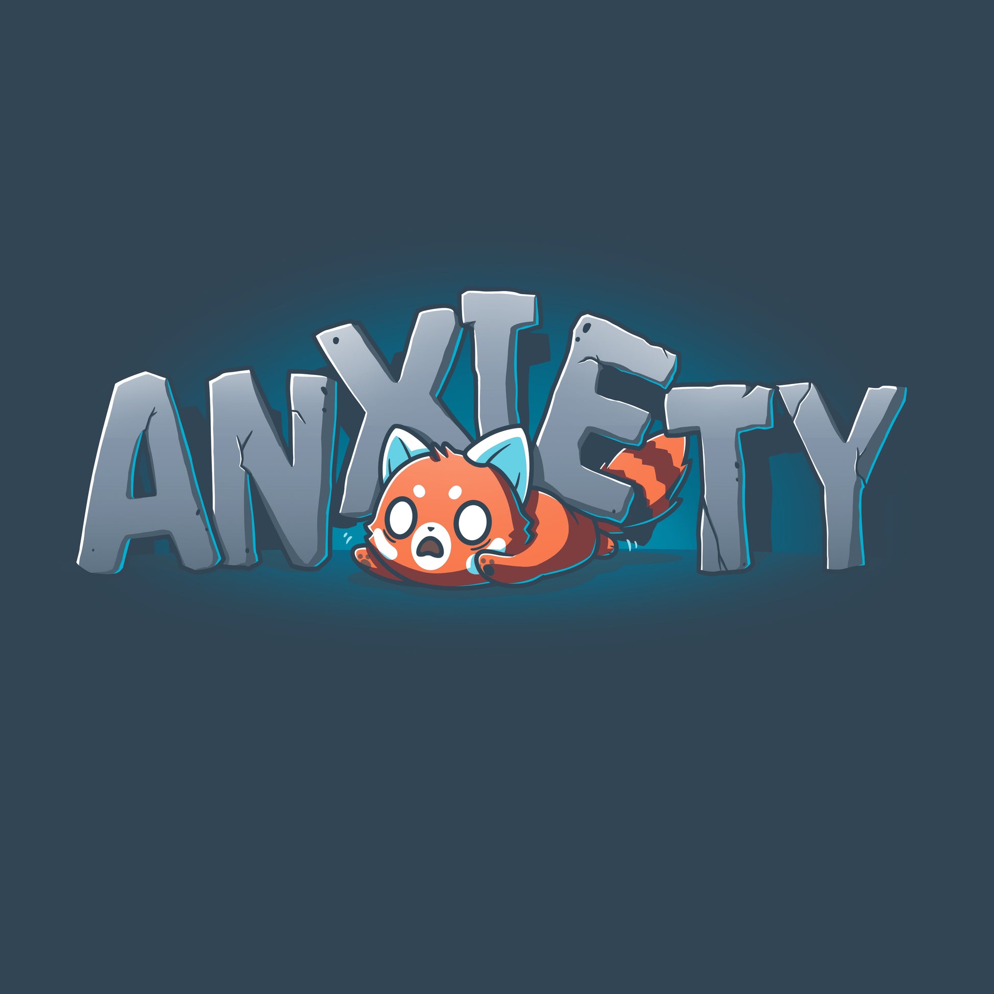 Premium Cotton T-shirt_TeeTurtle Crushing Anxiety navy blue t-shirt featuring an anxious red panda being squished under giant letters made of stone that spell "Anxiety" on top of his body. 