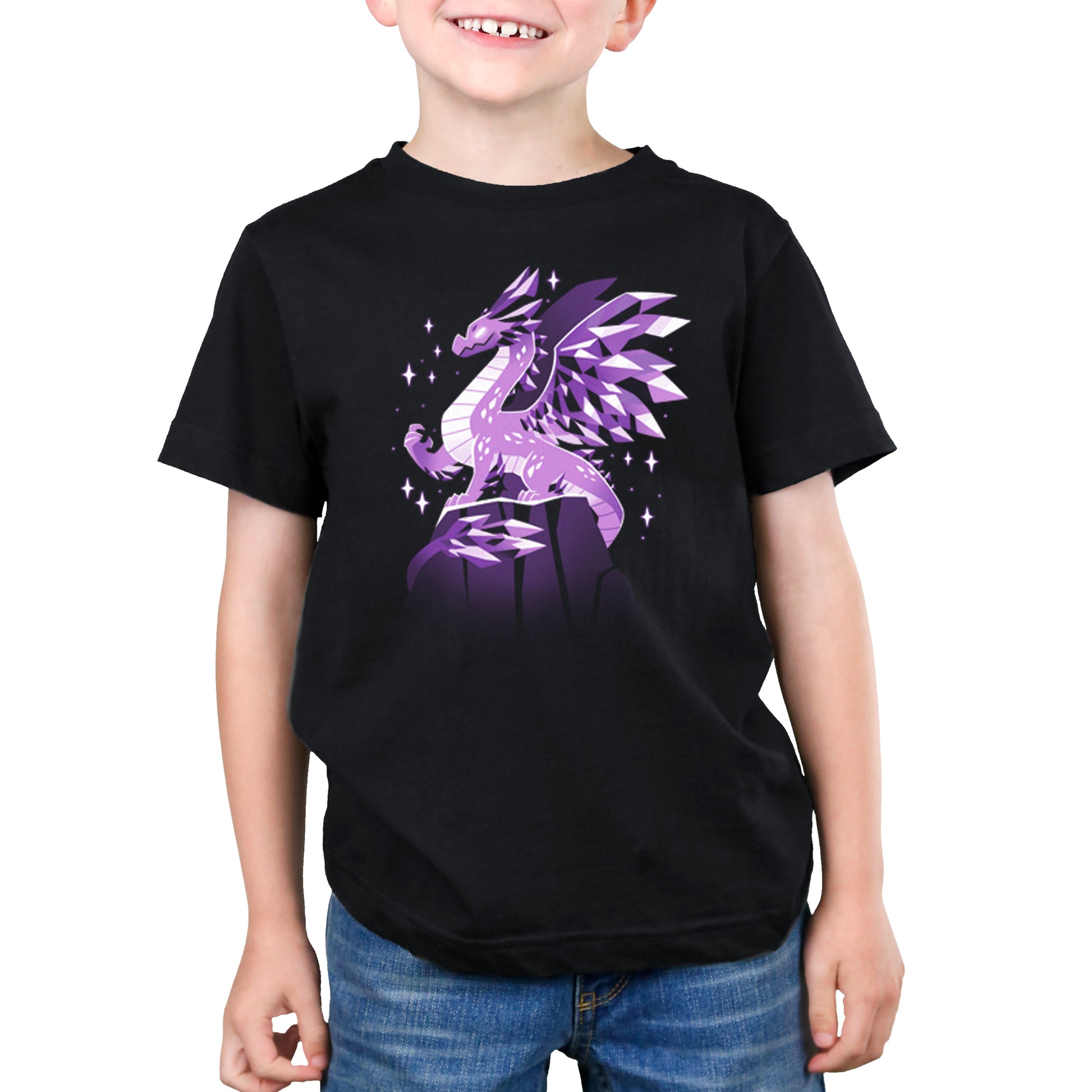 Premium Cotton T-shirt_TeeTurtle black Crystal Dragon. Featuring a dragon made out of purple crystals.