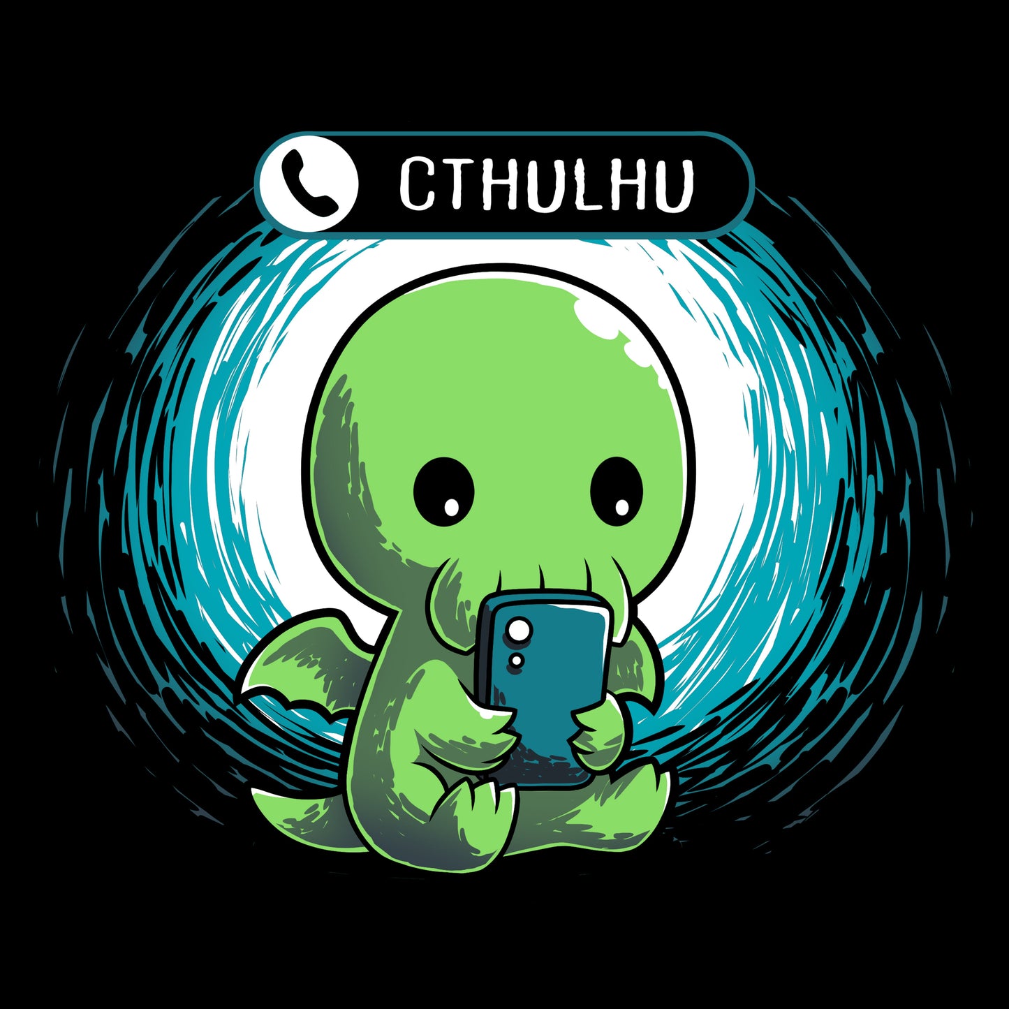 Premium Cotton T-shirt_TeeTurtle Cthulhu Calling black t-shirt featuring a Cthulhu holding a smartphone and looking at the screen with an incoming call notification displaying "Cthulhu" at the top.