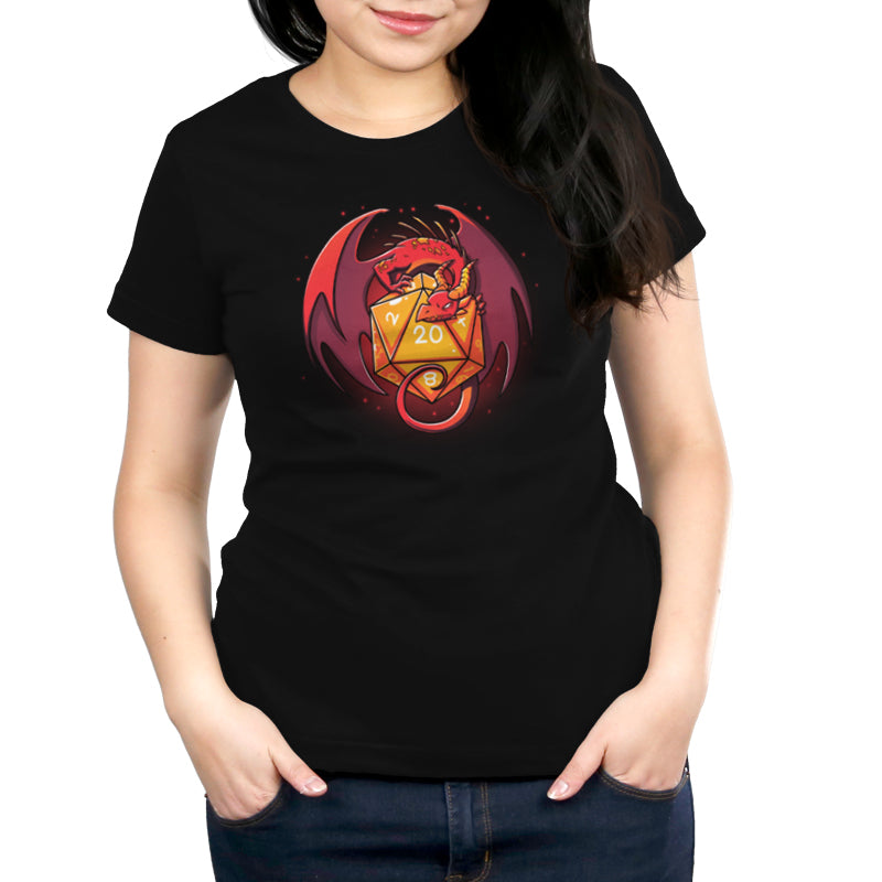 Premium Cotton T-shirt_TeeTurtle D20 Dragon black t-shirt featuring a red dragon curled around a yellow 20-sided die