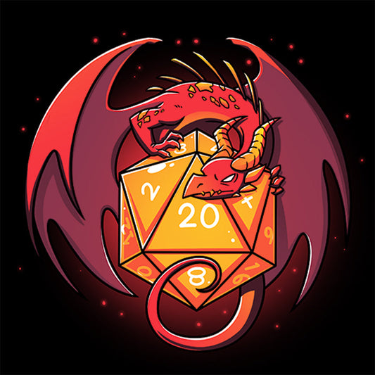 Premium Cotton T-shirt_TeeTurtle D20 Dragon black t-shirt featuring a red dragon curled around a yellow 20-sided die