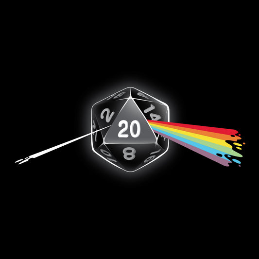 Premium Cotton T-shirt_TeeTurtle Dark Side of the D20 black t-shirt featuring a 20-sided die from a tabletop game with the number 20 facing forward, emitting a rainbow-colored beam that resembles a prism effect.