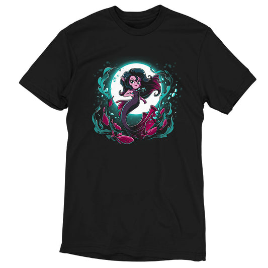 Premium Cotton T-shirt_TeeTurtle Shadow Siren black t-shirt featuring a dark and dangerous mermaid in front of a full moon with fish and seaweed around her.