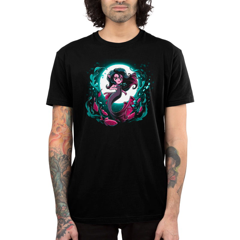 Premium Cotton T-shirt_TeeTurtle Shadow Siren black t-shirt featuring a dark and dangerous mermaid in front of a full moon with fish and seaweed around her.