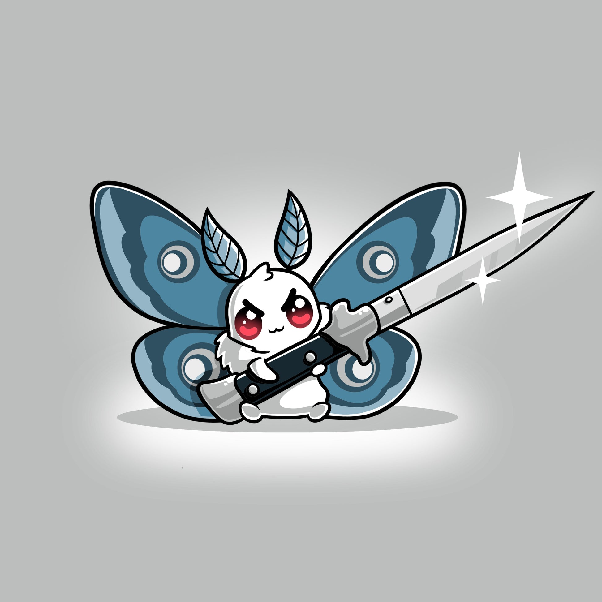 Premium Cotton T-shirt_TeeTurtle Deadly Moth silver gray t-shirt featuring a moth character with red eyes and blue wings holds a large shiny knife with a smile that hints at dark humor.