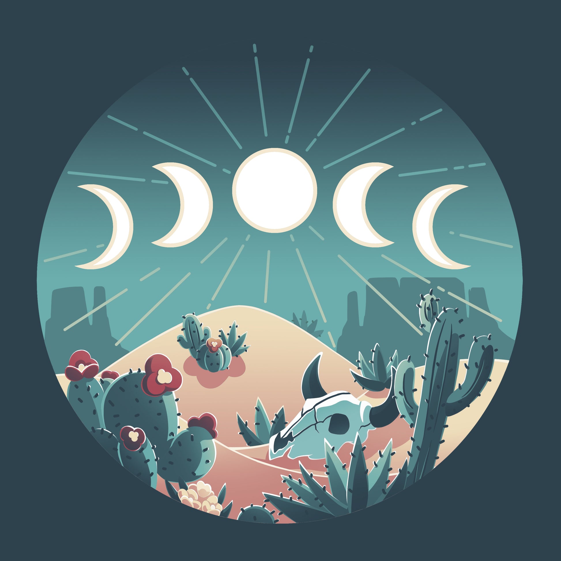 Premium Cotton T-shirt_TeeTurtle Desert Moons denim blue t-shirt featuring a desert scene with different moon phases and cactus.