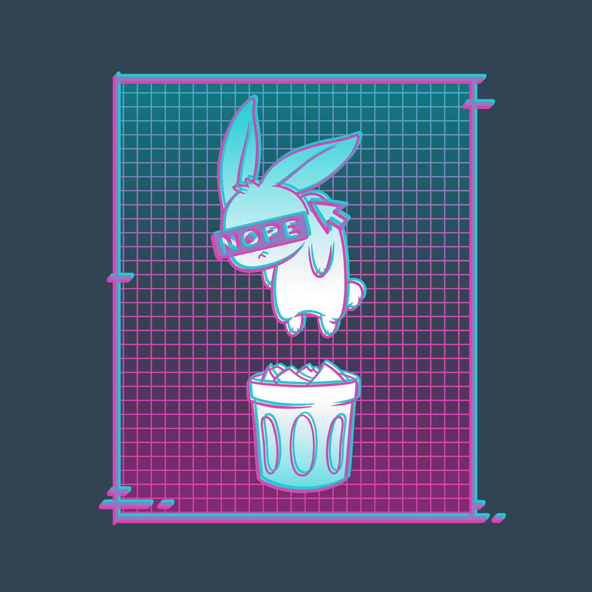 Premium Cotton T-shirt_TeeTurtle Digital Trash Bunny black t-shirt featuring an illustration of a blindfolded rabbit with "NOPE" on the blindfold, floating above a trash can. The background consists of a gradient grid pattern in teal, blue, and pink. 