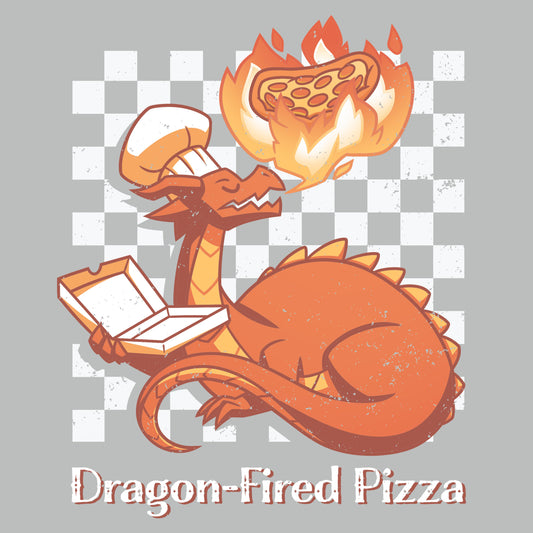 Premium Cotton T-shirt_TeeTurtle Dragon-Fired Pizza silver gray t-shirt featuring a dragon wearing a chef's hat, breathing extra hot fire onto a pizza while holding an open pizza box. Text at the bottom reads 