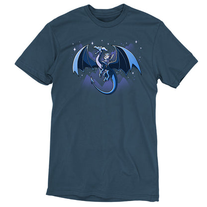 Premium Cotton T-shirt_TeeTurtle Dragon Rider denim blue t-shirt featuring a dragon with large wings flies through a night sky with mountain silhouettes and stars in the background, carrying a person in armor and a hood on its back.