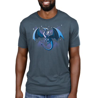 Premium Cotton T-shirt_TeeTurtle Dragon Rider denim blue t-shirt featuring a dragon with large wings flies through a night sky with mountain silhouettes and stars in the background, carrying a person in armor and a hood on its back.