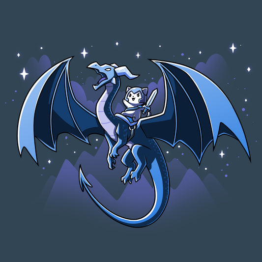 Premium Cotton T-shirt_TeeTurtle Dragon Rider denim blue t-shirt featuring a dragon with large wings flies through a night sky with mountain silhouettes and stars in the background, carrying a person in armor and a hood on its back.