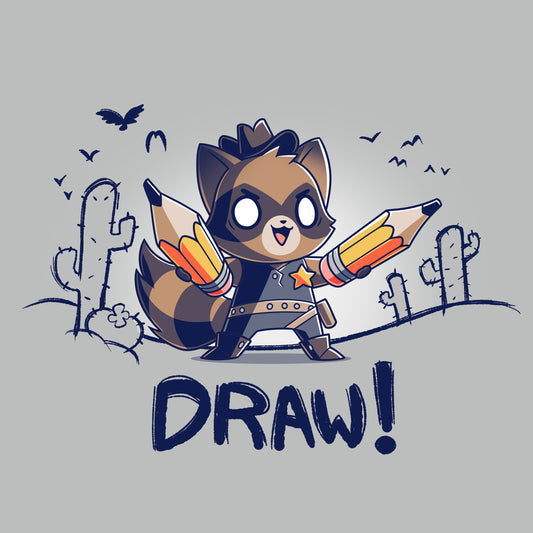 Premium Cotton T-shirt_Teeturtle Draw! silver gray t-shirt featuring a cowboy-attired raccoon in a sketched desert complete with vultures and cacti holding a pair of pencils with 'Draw!' written underneath.