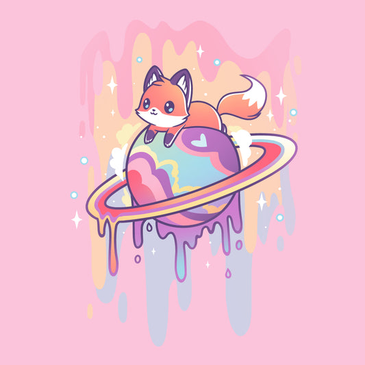 Premium Cotton T-shirt_TeeTurtle Drippy Dreamworld light pink t-shirt featuring a fox sitting on a colorful Saturn-like planet with a dripping effect, set against a pink background with sparkles.