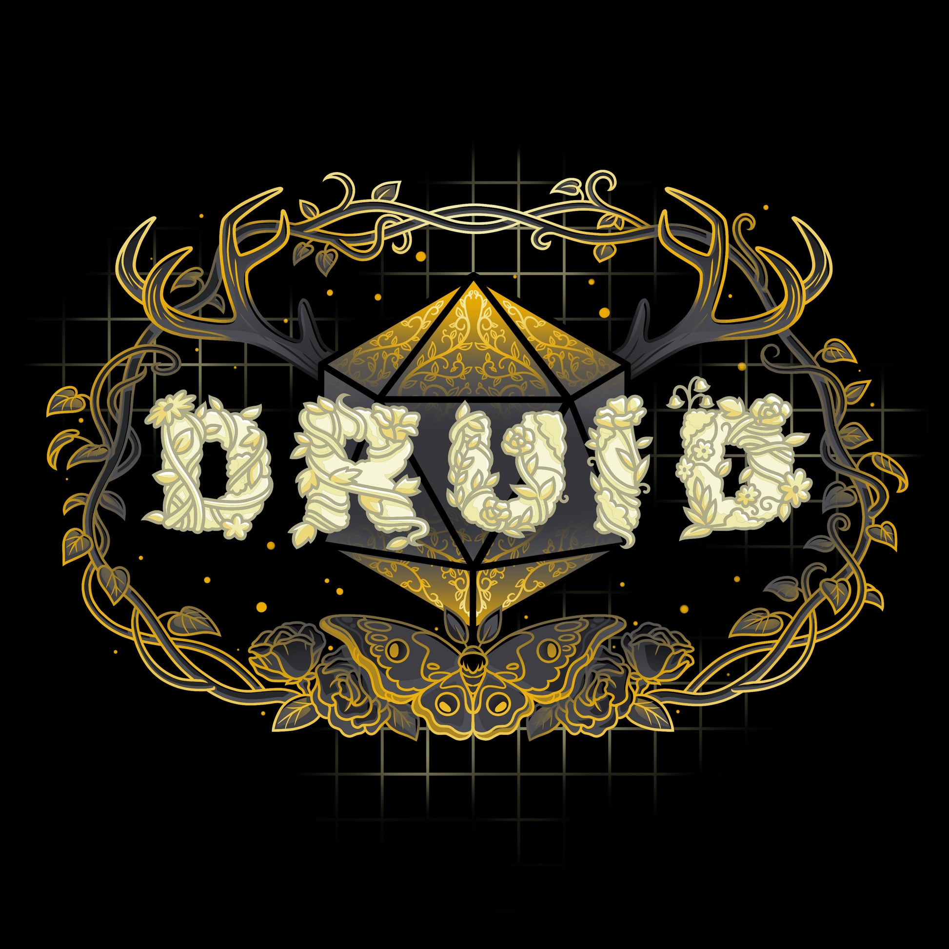 Premium Cotton T-shirt_TeeTurtle Druid Class black t-shirt featuring a stylized "DRUID" text made of floral designs overlaying a geometric shape, framed by antlers and vines with a butterfly at the bottom, all in gold and cream tones for tabletop gaming. 