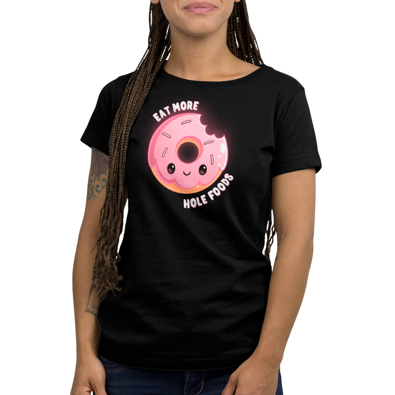 Premium Cotton T-shirt_TeeTurtle Eat More Hole Foods black t-shirt featuring a cute pink sprinkle donut with a bite taken out of it.