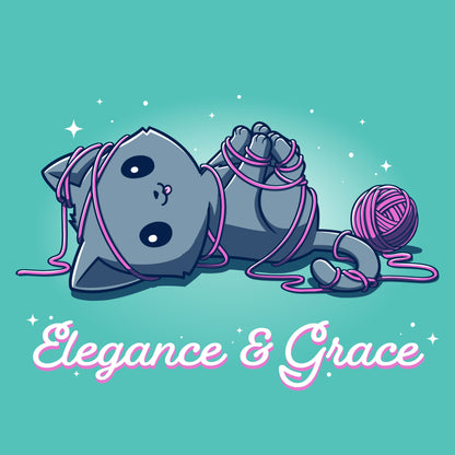 Premium Cotton T-shirt_TeeTurtle Elegance & Grace Caribbean Blue t-shirt featuring a silly kawaii kitty wrapped up in pink yarn with its tongue sticking out.