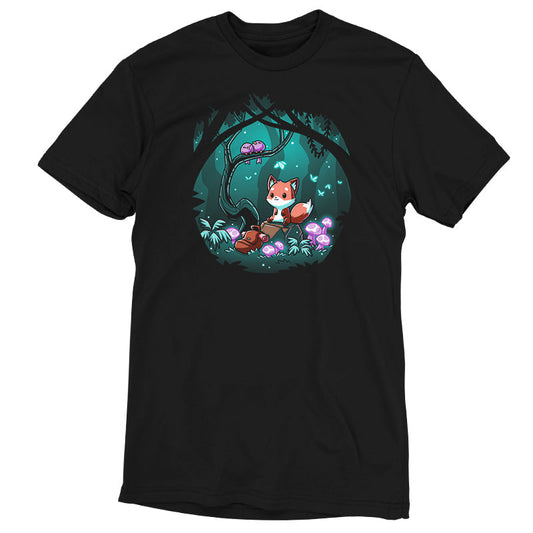 Premium Cotton T-shirt_TeeTurtle Enchanted Forest black t-shirt featuring a cute fox sitting on a log in a magical enchanted forest at night, surrounded by glowing mushrooms and two birds perched on a tree branch.