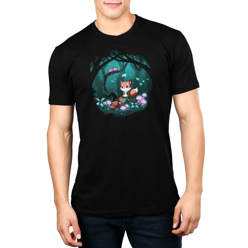 Premium Cotton T-shirt_TeeTurtle Enchanted Forest black t-shirt featuring a cute fox sitting on a log in a magical enchanted forest at night, surrounded by glowing mushrooms and two birds perched on a tree branch.