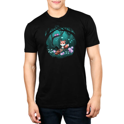 Premium Cotton T-shirt_TeeTurtle Enchanted Forest black t-shirt featuring a cute fox sitting on a log in a magical enchanted forest at night, surrounded by glowing mushrooms and two birds perched on a tree branch.