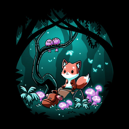 Premium Cotton T-shirt_TeeTurtle Enchanted Forest black t-shirt featuring a cute fox sitting on a log in a magical enchanted forest at night, surrounded by glowing mushrooms and two birds perched on a tree branch.