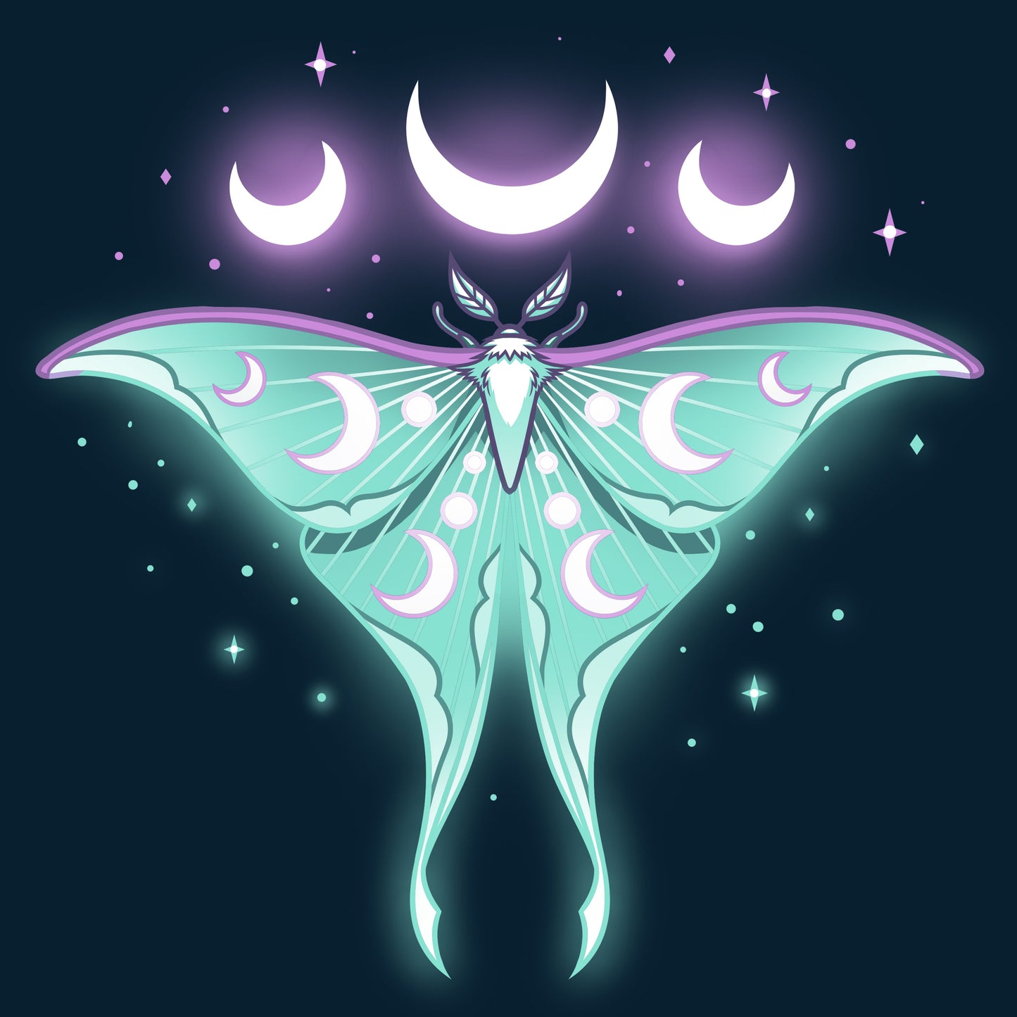 Premium Cotton T-shirt_TeeTurtle Ethereal Moth navy blue t-shirt featuring a celestial moth with moon phases on its wings, glowing against a dark background, surrounded by stars and crescent moons.