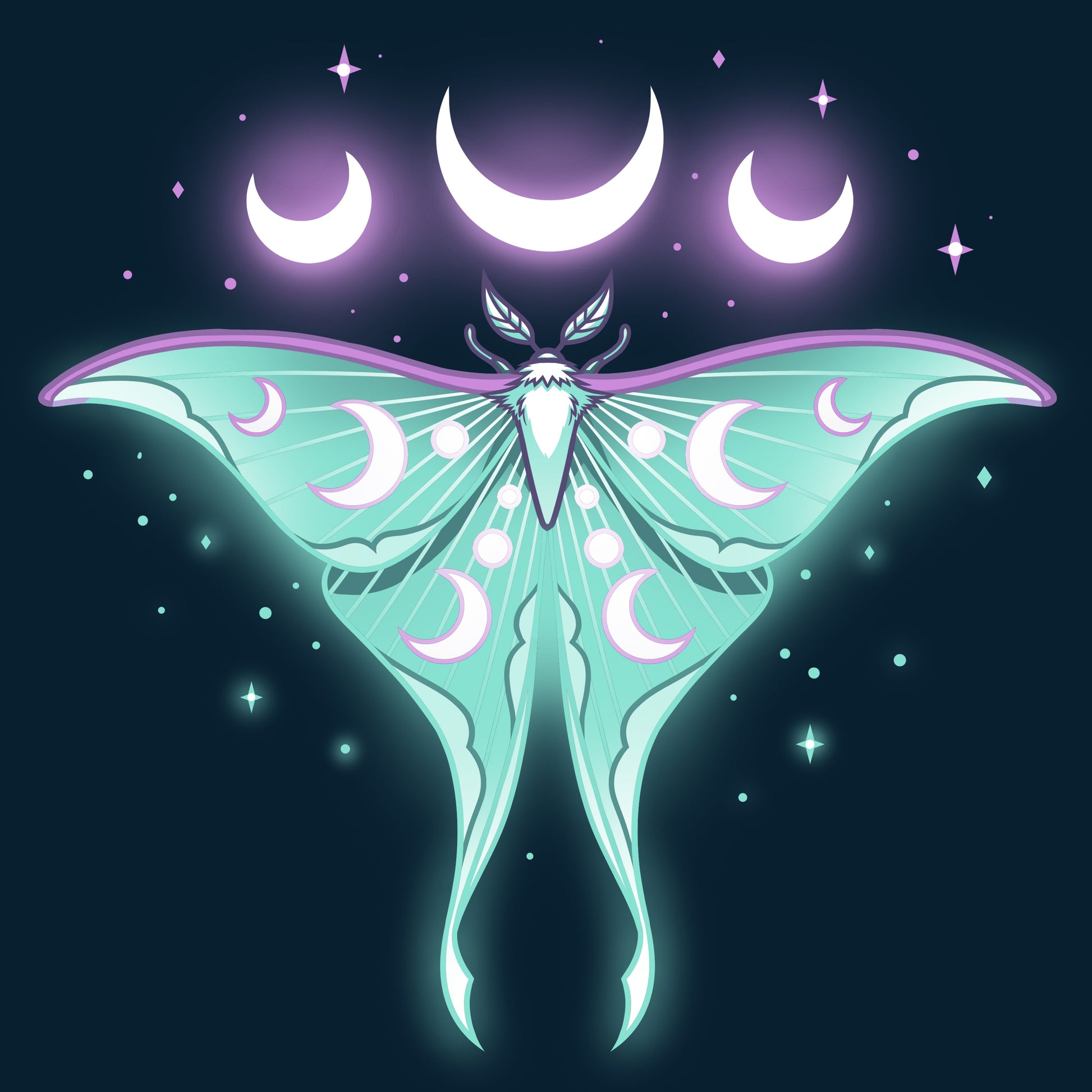 Premium Cotton T-shirt_TeeTurtle Ethereal Moth navy blue t-shirt featuring a celestial moth with moon phases on its wings, glowing against a dark background, surrounded by stars and crescent moons.