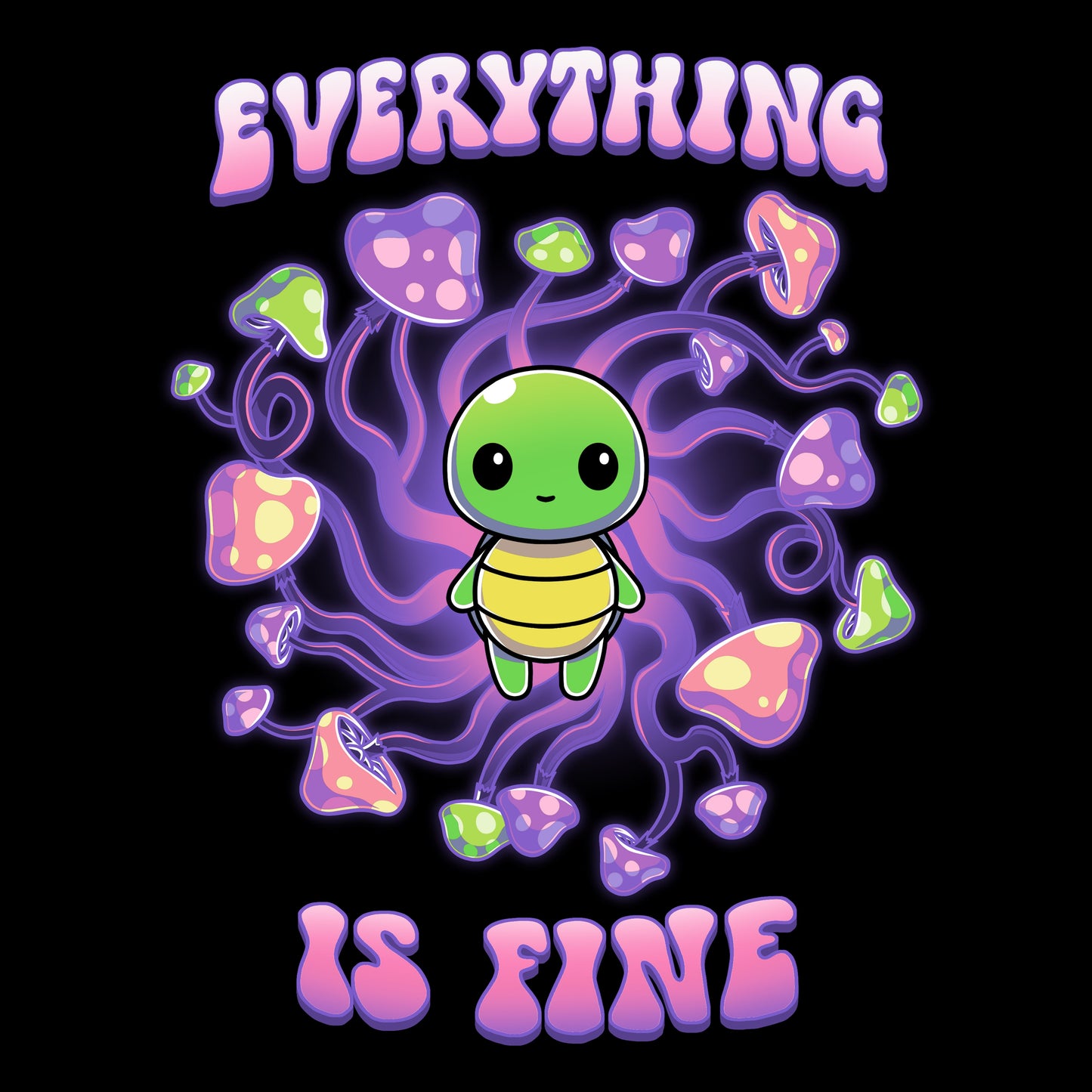 Premium Cotton T-shirt_TeeTurtle Everything is Fine black t-shirt featuring a kawaii green turtle standing in the center of a swirl of psychadelic mushrooms with the text "EVERYTHING IS FINE" which is written above and below the turtle in a purple and pink bubble font. The turtle shows no anxiety. 