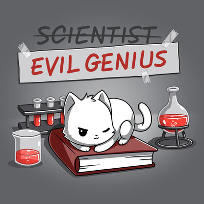 Premium Cotton T-shirt_TeeTurtle Evil Genius charcoal gray t-shirt featuring a white cat with a sly expression sitting on a book, surrounded by science equipment and red liquid in beakers. Above, a sign is crossed out that reads "SCIENTIST" with "EVIL GENIUS" written beneath it in red. 