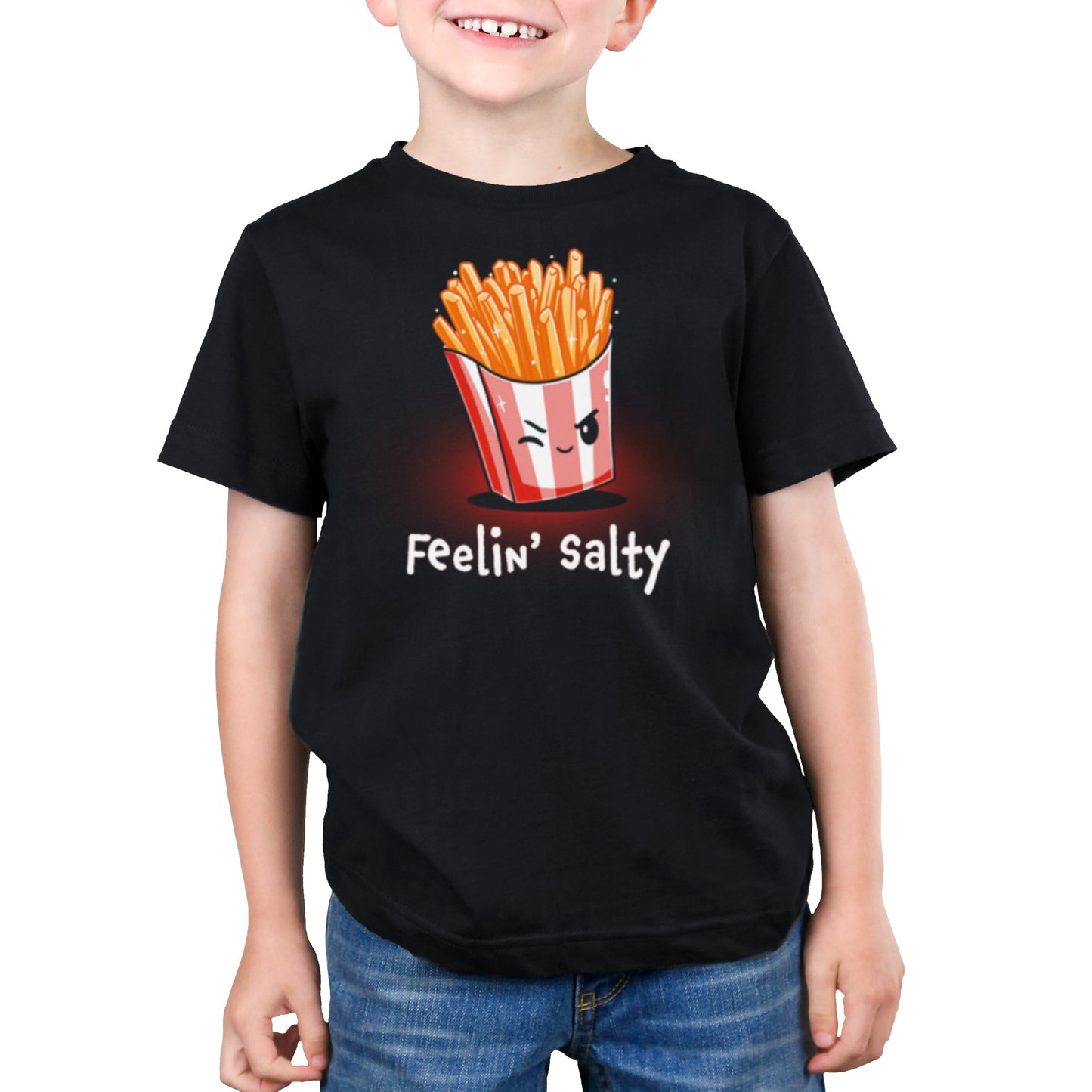 Premium Cotton T-shirt_Teeturtle Feelin' Salty black t-shirt featuring french fries in a red and white striped container with a winking face, and the text "Feelin' Salty" underneath.