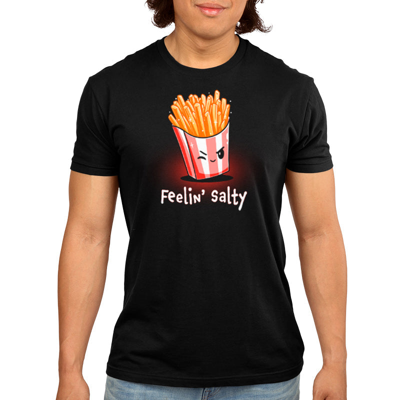 Premium Cotton T-shirt_Teeturtle Feelin' Salty black t-shirt featuring french fries in a red and white striped container with a winking face, and the text "Feelin' Salty" underneath.