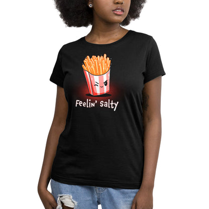 Premium Cotton T-shirt_Teeturtle Feelin' Salty black t-shirt featuring french fries in a red and white striped container with a winking face, and the text "Feelin' Salty" underneath.