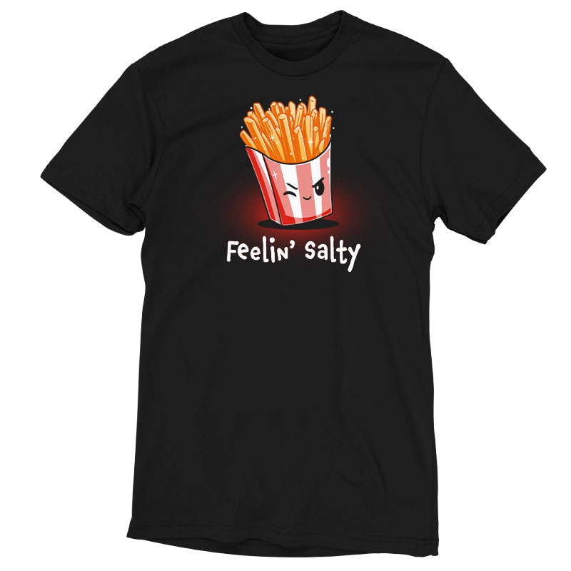 Premium Cotton T-shirt_Teeturtle Feelin' Salty black t-shirt featuring french fries in a red and white striped container with a winking face, and the text "Feelin' Salty" underneath.