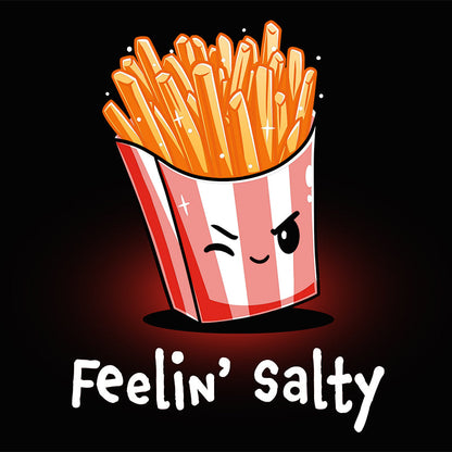 Premium Cotton T-shirt_Teeturtle Feelin' Salty black t-shirt featuring french fries in a red and white striped container with a winking face, and the text "Feelin' Salty" underneath.