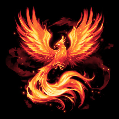 Premium Cotton T-shirt_TeeTurtle Fiery Phoenix black t-shirt featuring a phoenix with outstretched wings, glowing with fiery orange and yellow flames.