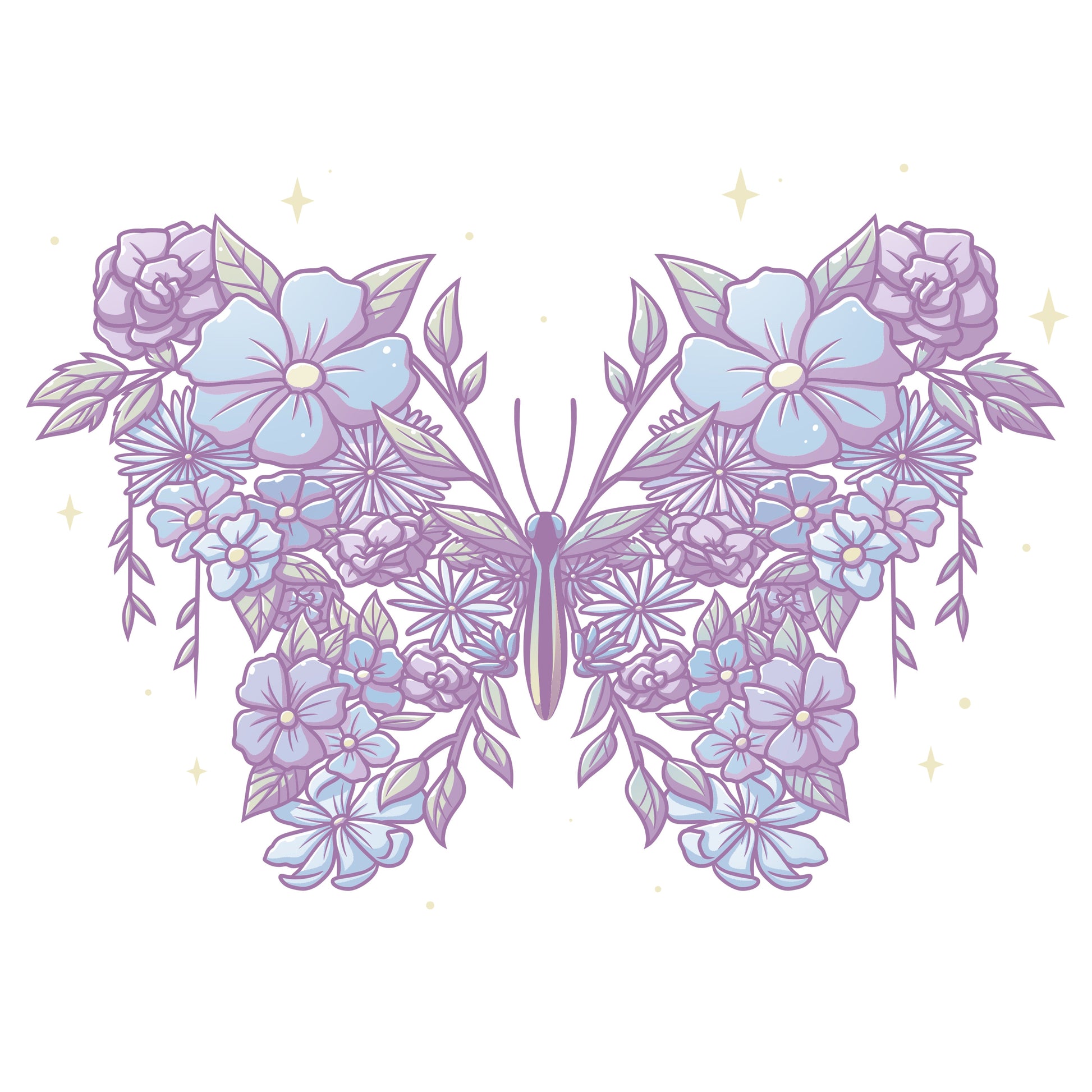 Premium Cotton T-shirt_TeeTurtle Floral Butterfly White t-shirt featuring an illustration of a butterfly made from lavender and light blue flowers with leaves, set against a white background.