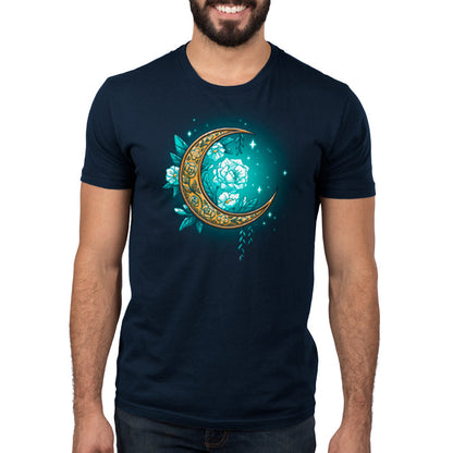 Premium Cotton T-shirt_TeeTurtle Floral Moon Navy Featuring a beautiful gold moon surrounded by white flowers and sparkles