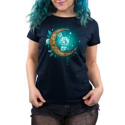 Premium Cotton T-shirt_TeeTurtle Floral Moon Navy Featuring a beautiful gold moon surrounded by white flowers and sparkles