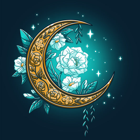 Premium Cotton T-shirt_TeeTurtle Floral Moon Navy Featuring a beautiful gold moon surrounded by white flowers and sparkles