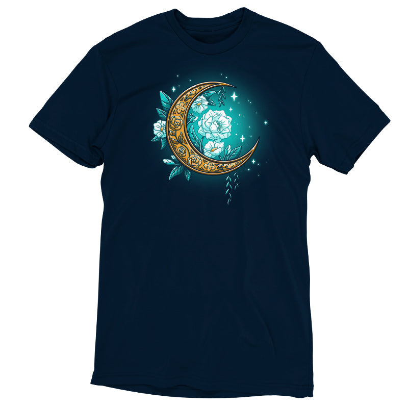 Premium Cotton T-shirt_TeeTurtle Floral Moon Navy Featuring a beautiful gold moon surrounded by white flowers and sparkles