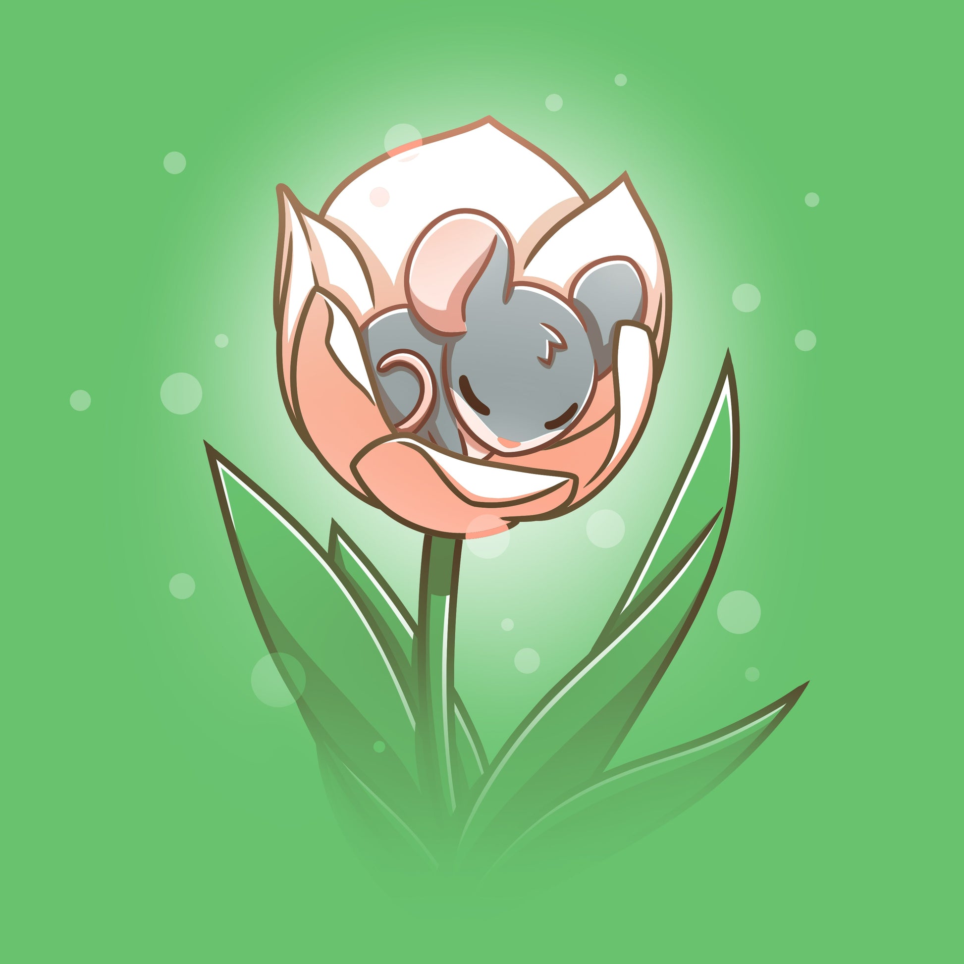 Premium Cotton T-shirt_TeeTurtle Flower Bed Illustration of a small, gray mouse sleeping inside a pink flower blossom against an apple green background with light bubbles