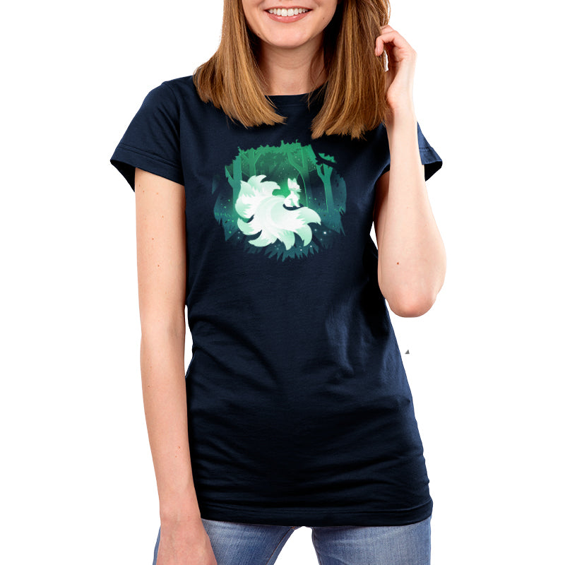 Premium Cotton T-shirt_TeeTurtle Forest Kitsune navy blue t-shirt featuring a glowing kitsune sitting on rock in nature.